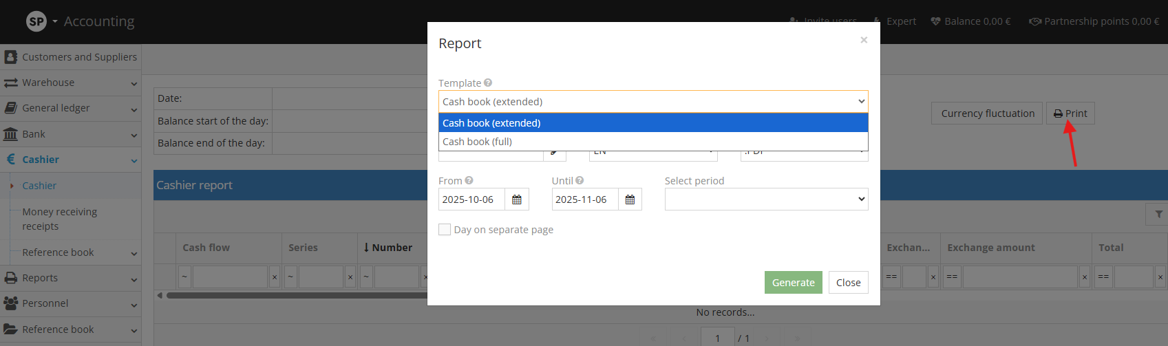 Cash book report generation window